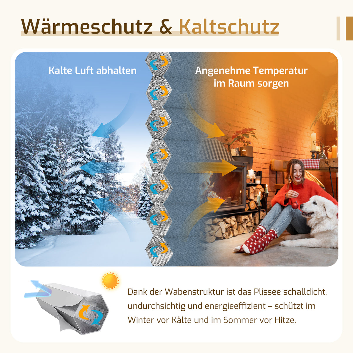 Verdunkelndes Wabenplissee Klemmfix ohne Bohren mit Thermo-Effekt –Weiß/Blau