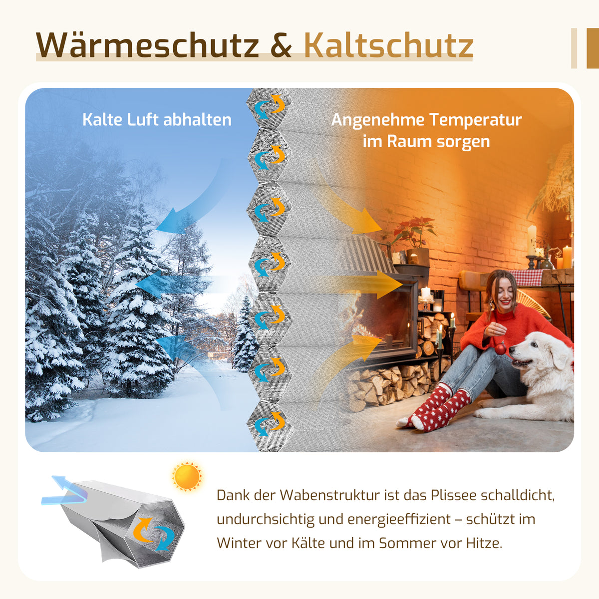 Verdunkelndes Wabenplissee Klemmfix ohne Bohren mit Thermo-Effekt –Weiß/Hellgrau