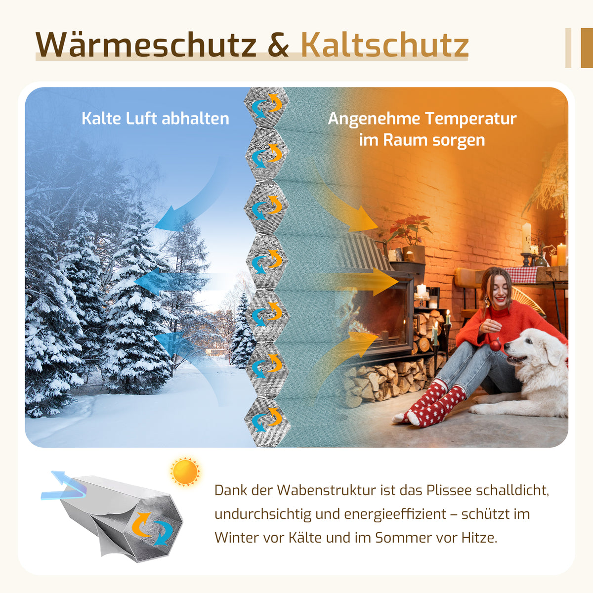 Verdunkelndes Wabenplissee Klemmfix ohne Bohren mit Thermo-Effekt –Weiß/Hellblau