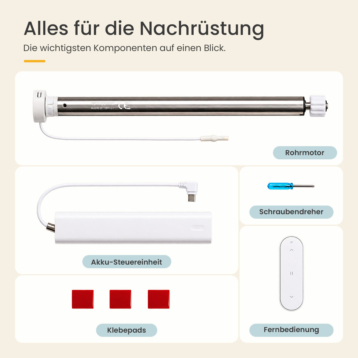 【Vorbestellung, Versand ab November】Grandekor 15-mm Funk-Rohrmotor-Nachrüstset für Rollos