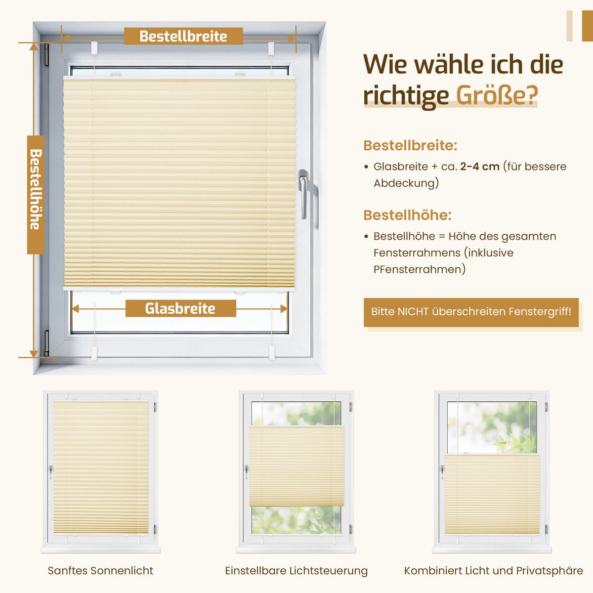 Lichtdurchlässiges Plissee Klemmfix ohne Bohren –Creme