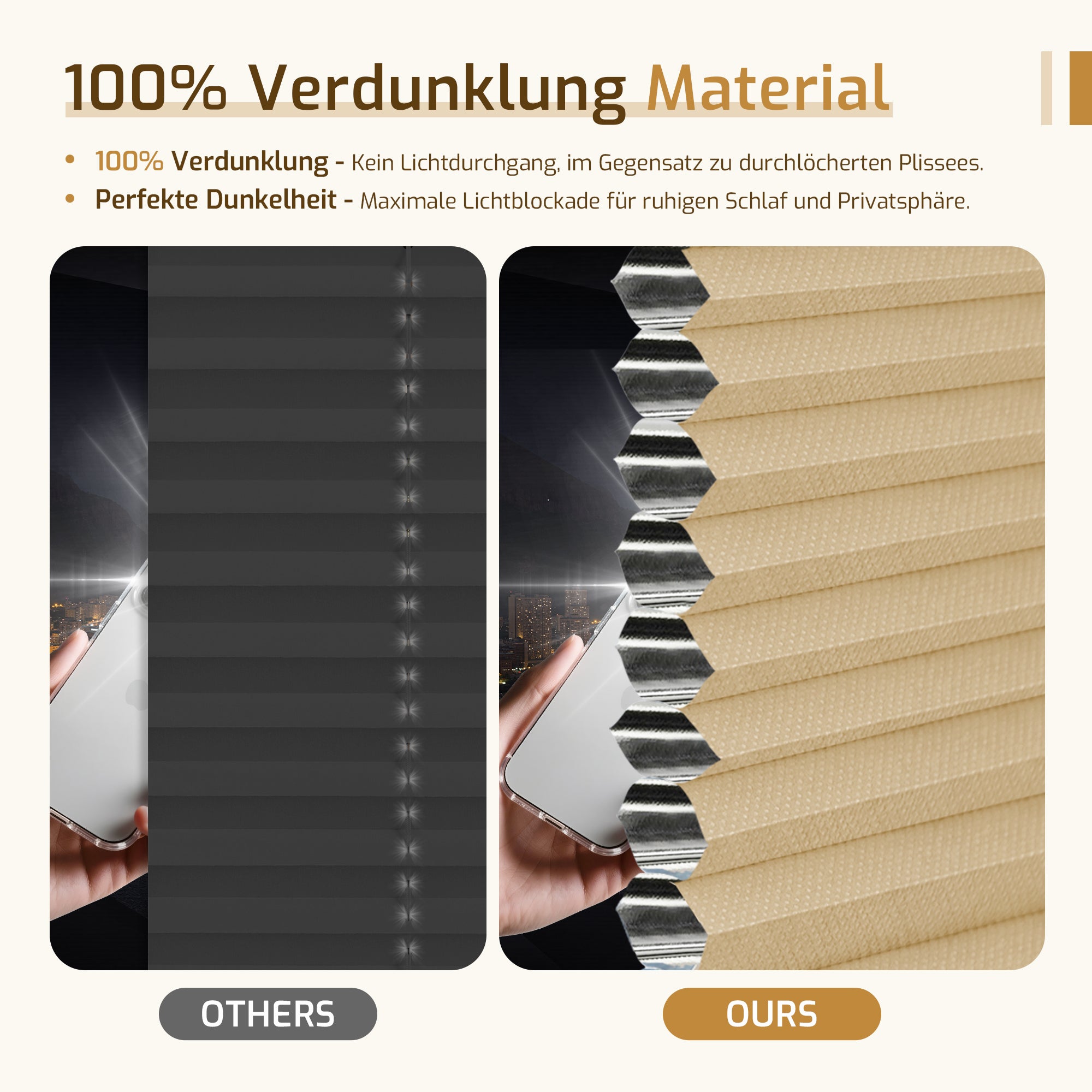 Verdunkelndes Wabenplissee Klemmfix ohne Bohren mit Thermo-Effekt –Weiß/Beige