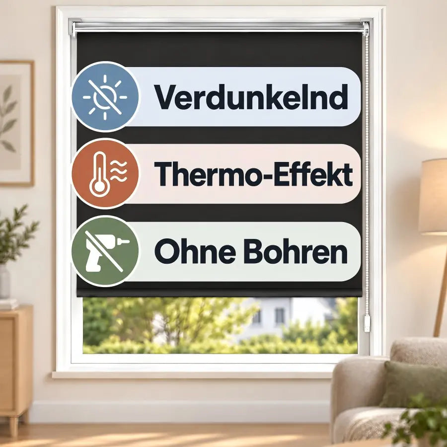 Verdunkelungsrollo Klemmfix ohne Bohren mit Thermo-Effekt – Schwarz