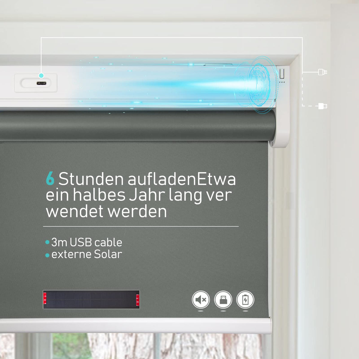 Elektrisches Akku-Rollo M130 nach Maß – lichtdurchlässig oder verdunkelnd