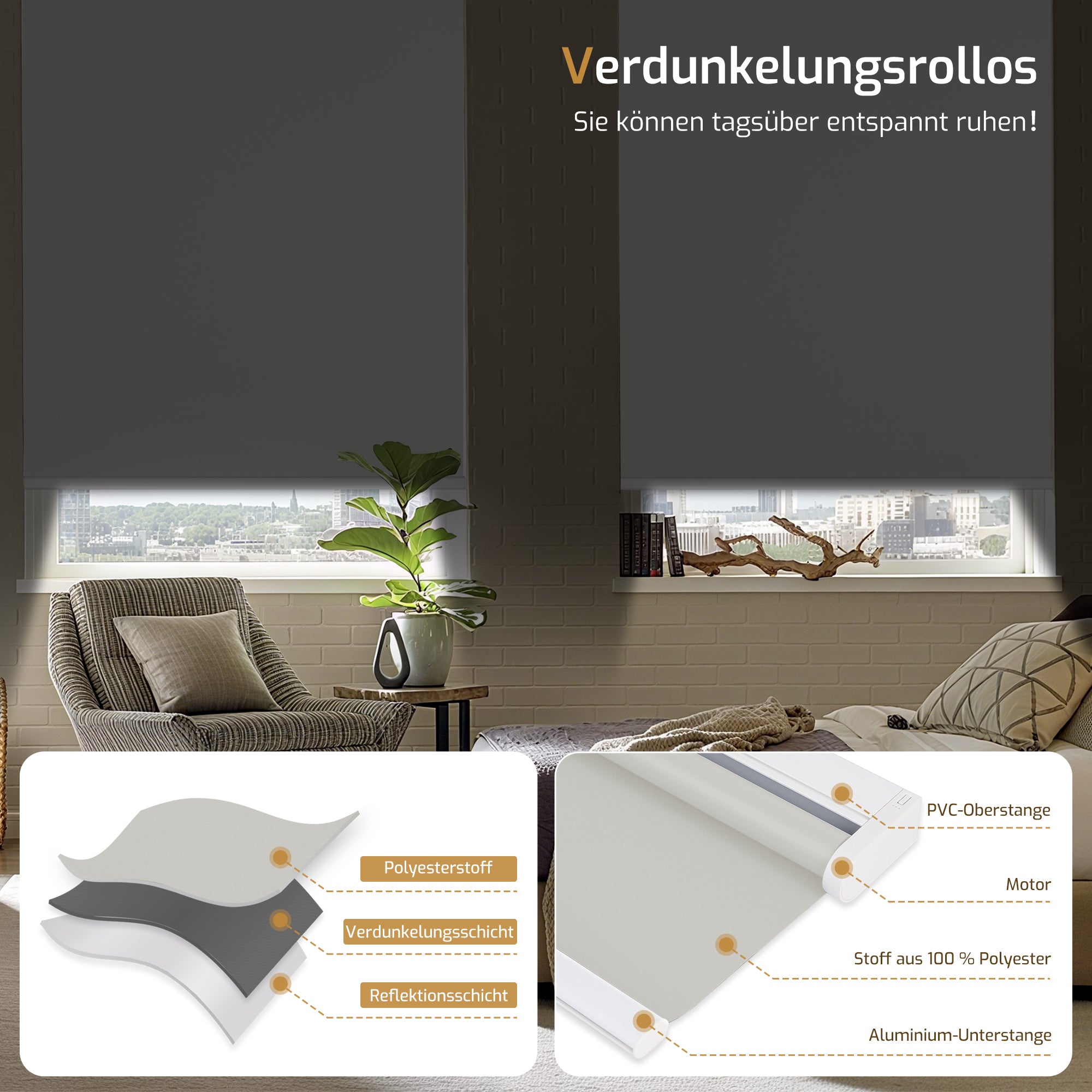M100 Elektrisch | Verdunkelung | Batterie | Rollo | Grau | Standardgröße