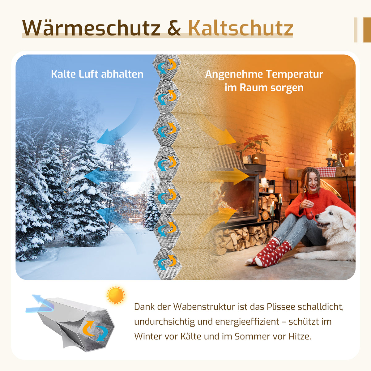 Verdunkelndes Wabenplissee Klemmfix ohne Bohren mit Thermo-Effekt –Weiß/Beige