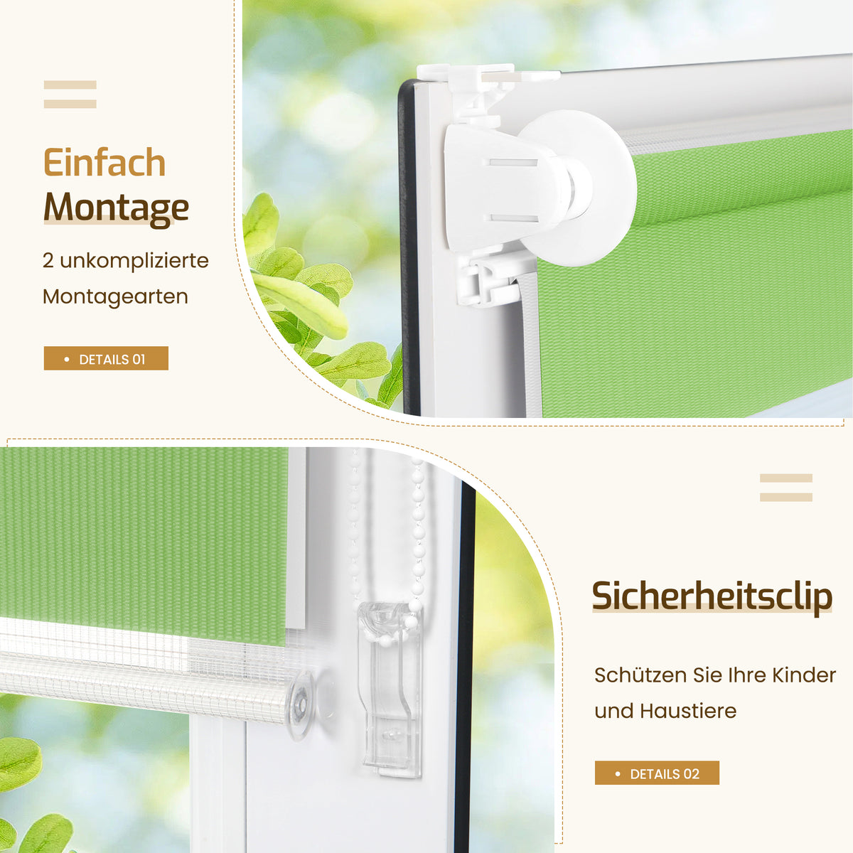 Doppelrollo Klemmfix ohne Bohren –Grün/Grau/Weiß