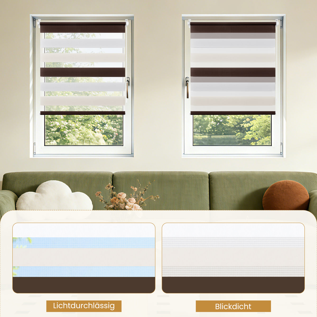 Doppelrollo Klemmfix ohne Bohren –Weiß/Beige/Braun
