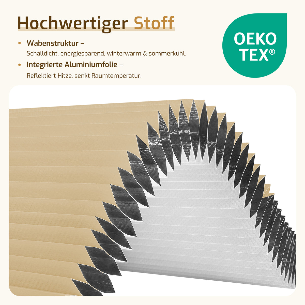 Verdunkelndes Wabenplissee Klemmfix ohne Bohren mit Thermo-Effekt –Weiß/Beige