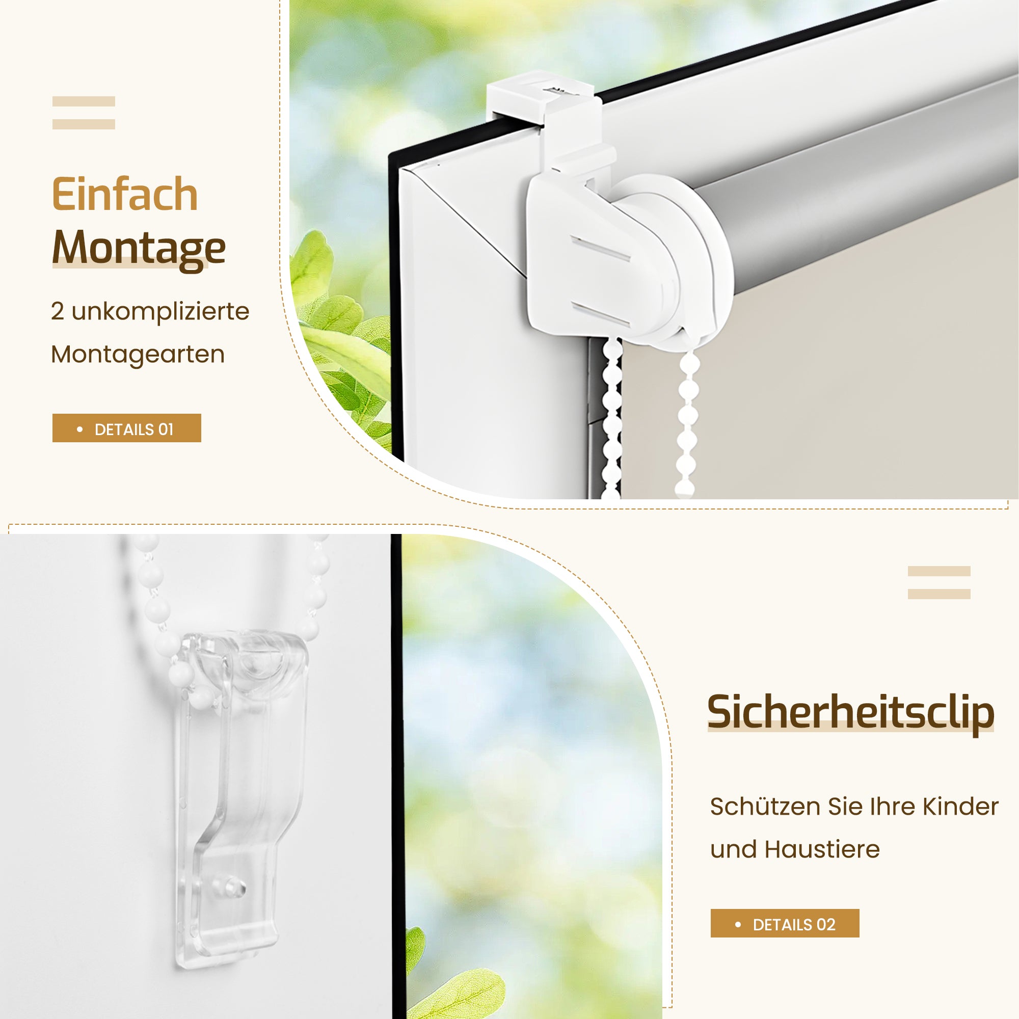 Verdunkelungsrollo Klemmfix ohne Bohren mit Thermo-Effekt –Creme