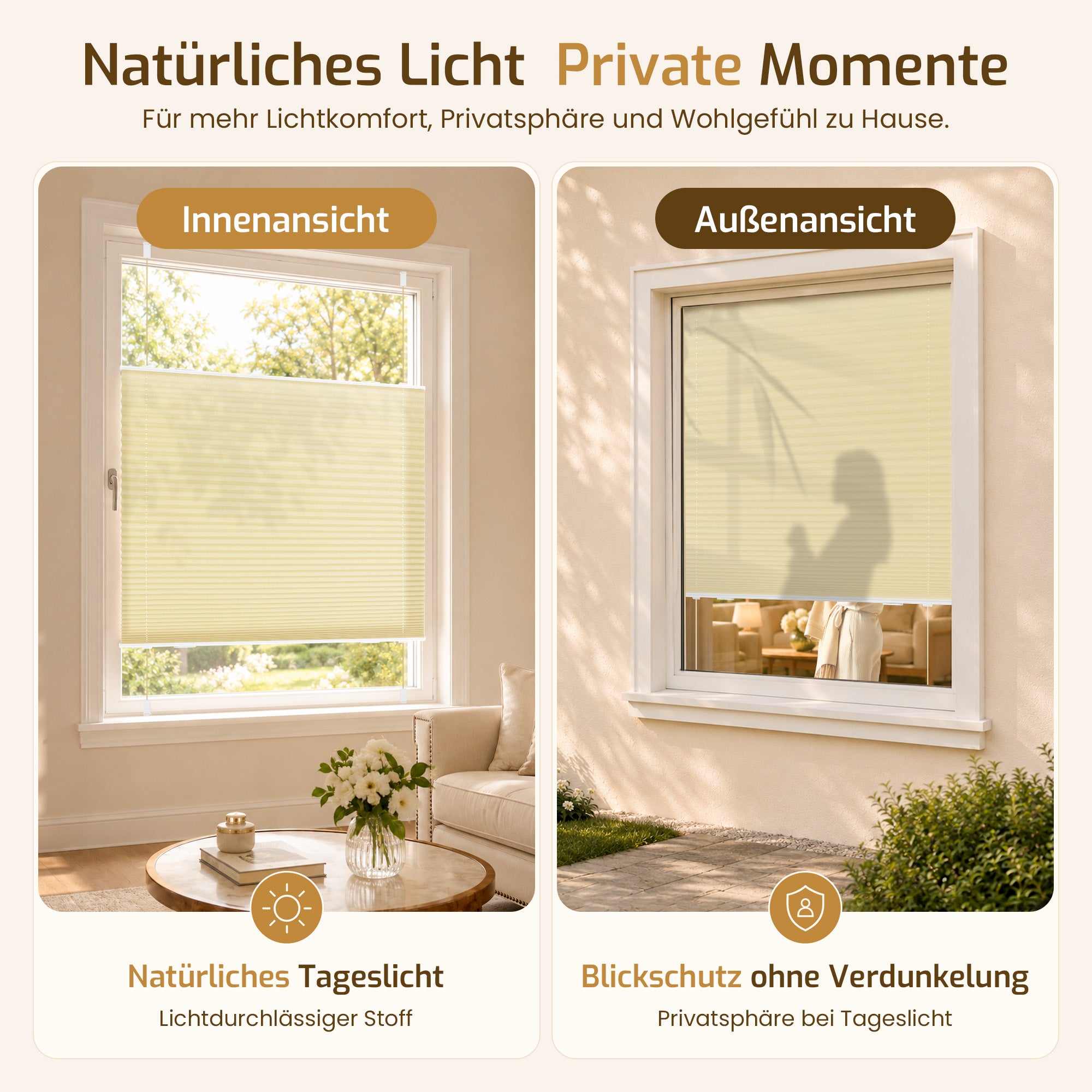 Lichtdurchlässiges Plissee Klemmfix ohne Bohren –Creme