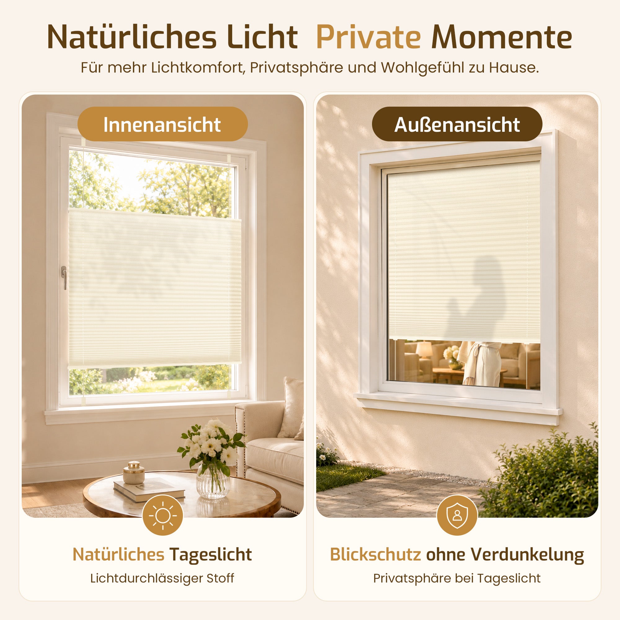 Lichtdurchlässiges Plissee Klemmfix ohne Bohren –Beige