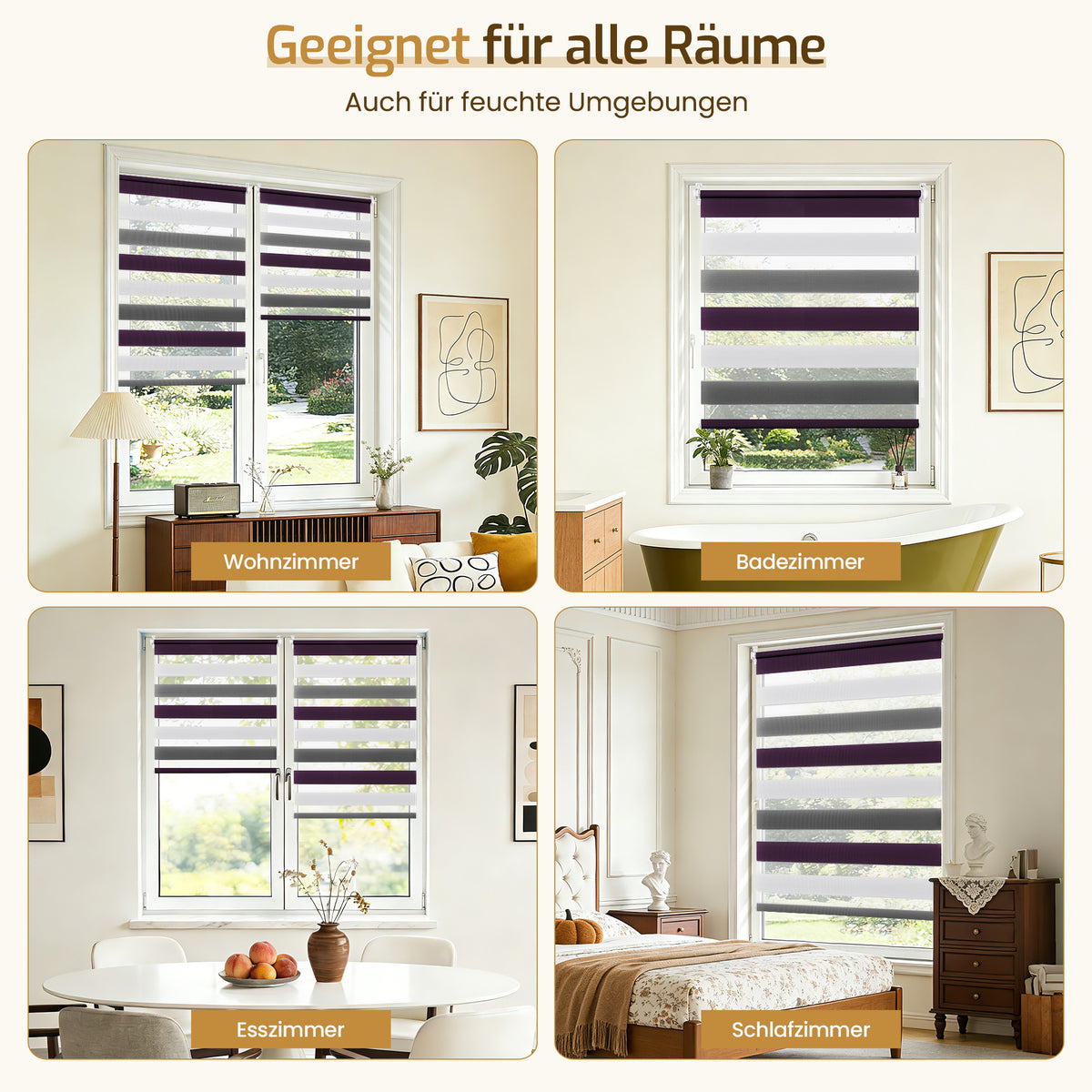 Doppelrollo Klemmfix ohne Bohren –Weiß/Anthrazit/Aubergine