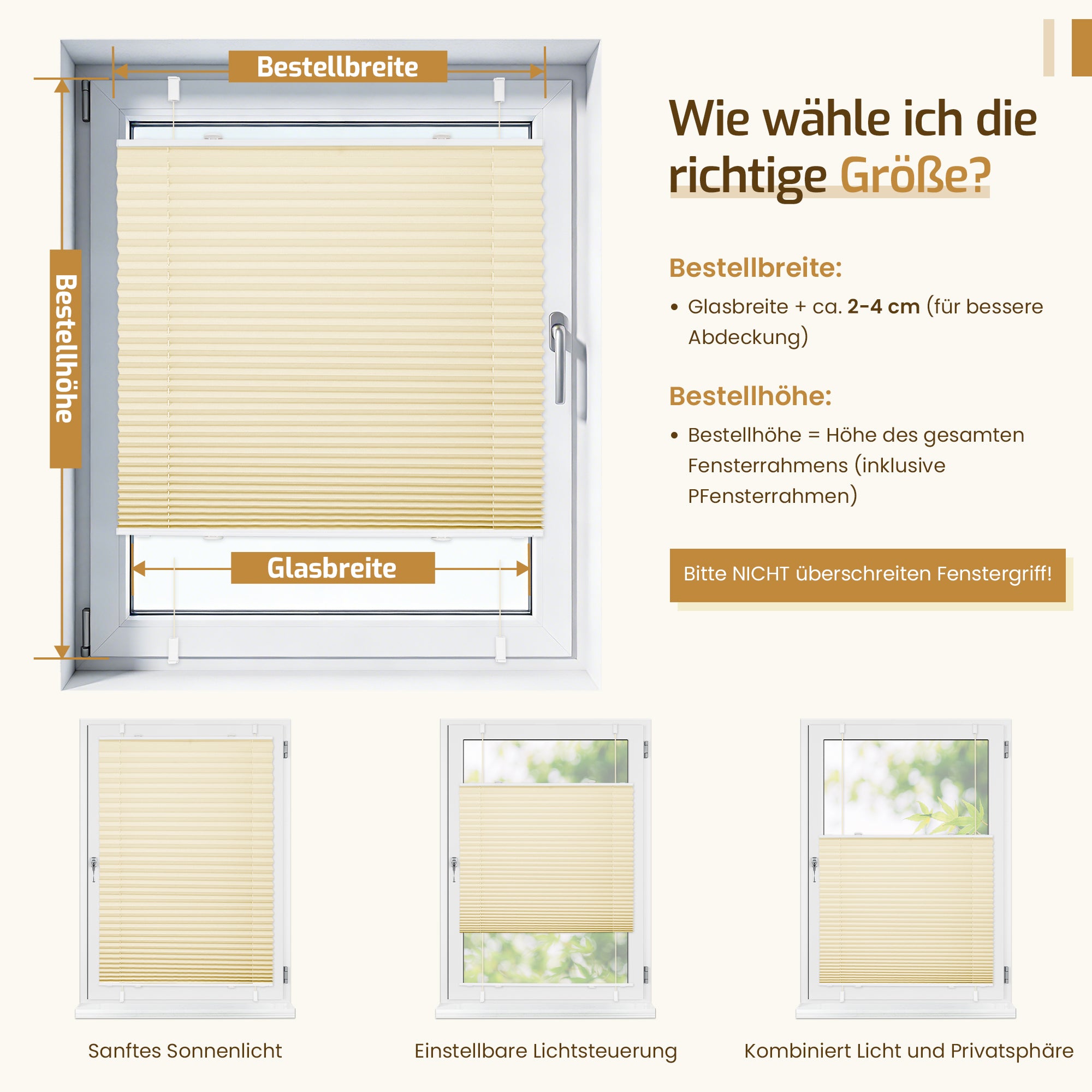 Lichtdurchlässiges Plissee Klemmfix ohne Bohren –Creme