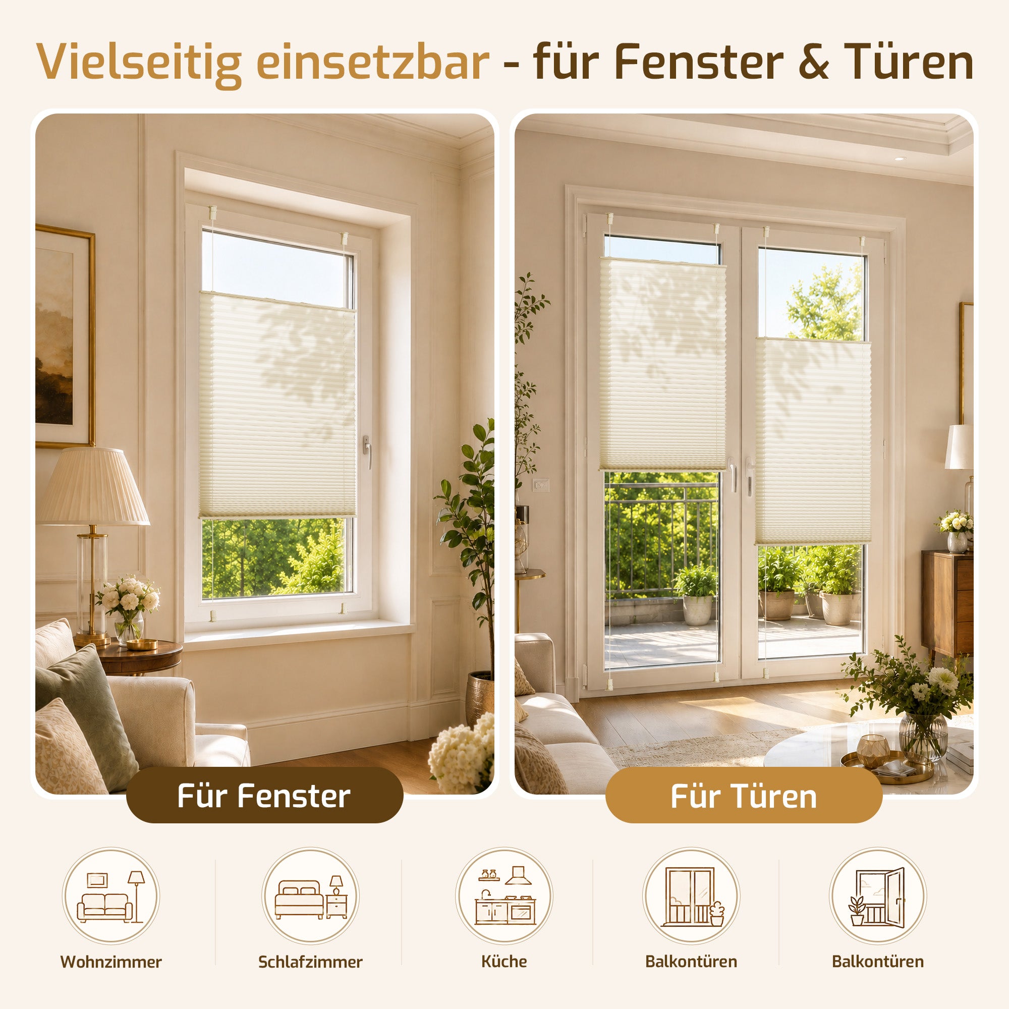 Lichtdurchlässiges Plissee Klemmfix ohne Bohren –Beige