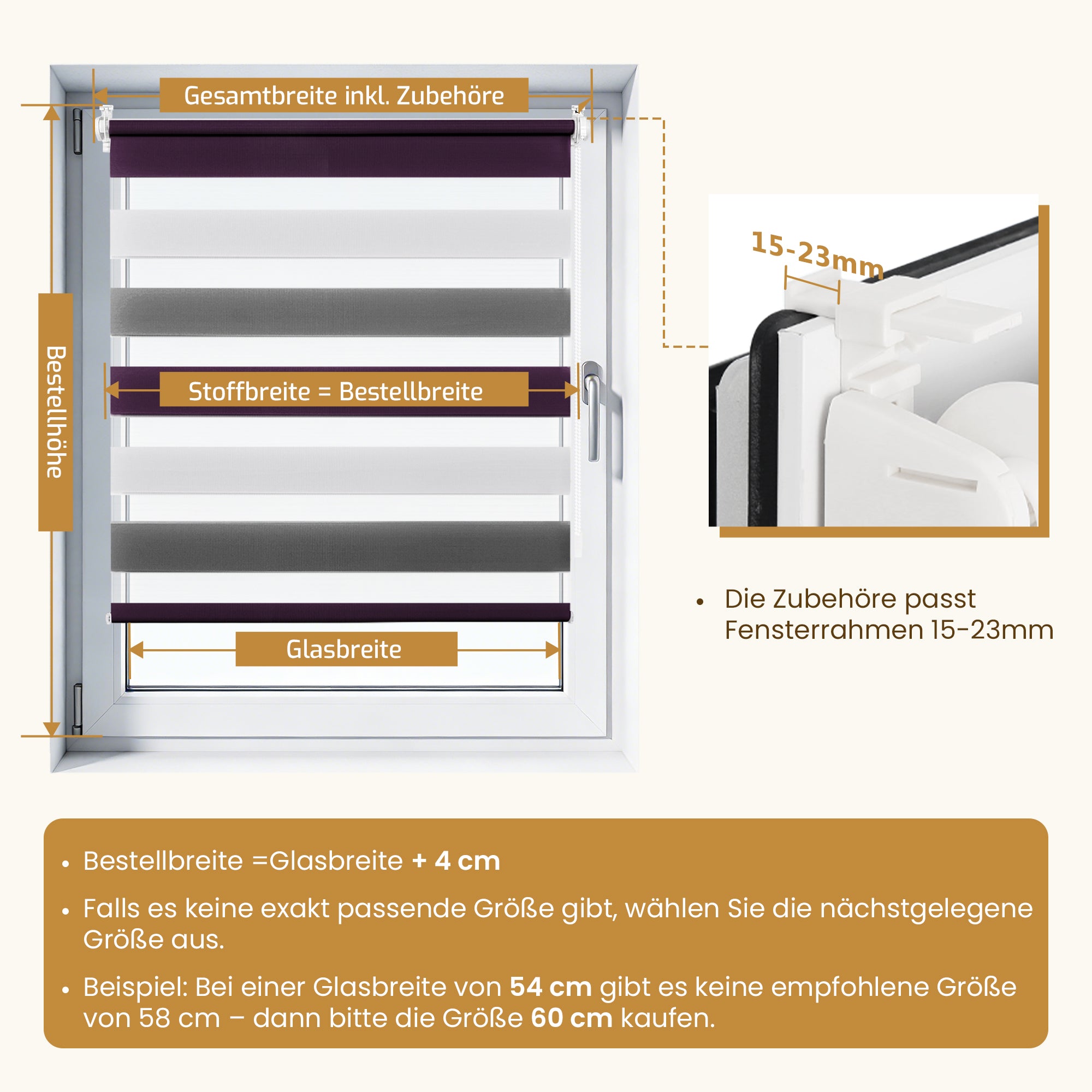 Doppelrollo Klemmfix ohne Bohren –Weiß/Anthrazit/Aubergine