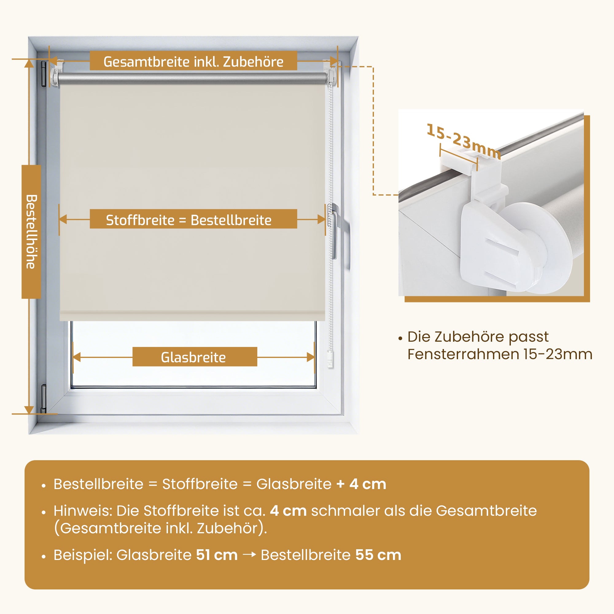 Verdunkelungsrollo Klemmfix ohne Bohren mit Thermo-Effekt –Creme