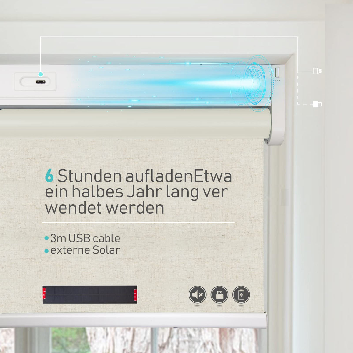 Elektrisches Akku-Rollo M130 nach Maß – lichtdurchlässig oder verdunkelnd